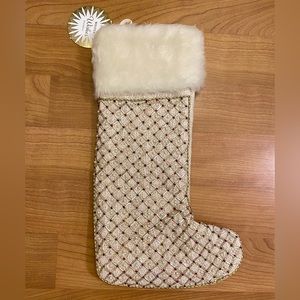 Cream Fur & Red Rhinestone Christmas Stocking